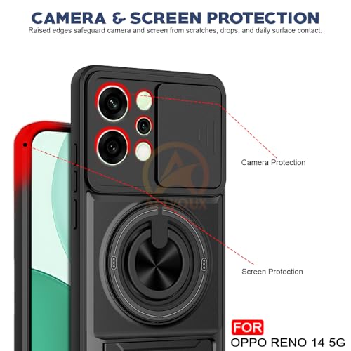 Image of Oppo Reno 14 5G Back Cover | Armor Camera Slider 360 Degree Rotating Finger Ring Holder Case with Bracket Stand Back Case Cover (Compatible with MagSafe Accessories) (Black)