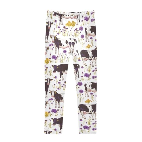 Wusikd Black White Cow Girls' Leggings Toddler Doodles Print Daisies Kids Yoga Pants Dance Active Tights 4T