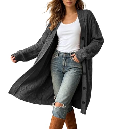 Image of Gray Cable Knit Cardigan Woens V Neck Button Front Long Knitted Jackets