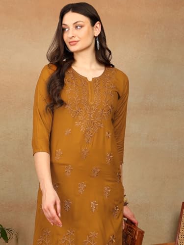 Image of Women Pink Ethnic motifs Embroidered Lucknowi Chikankari Long Kurti
