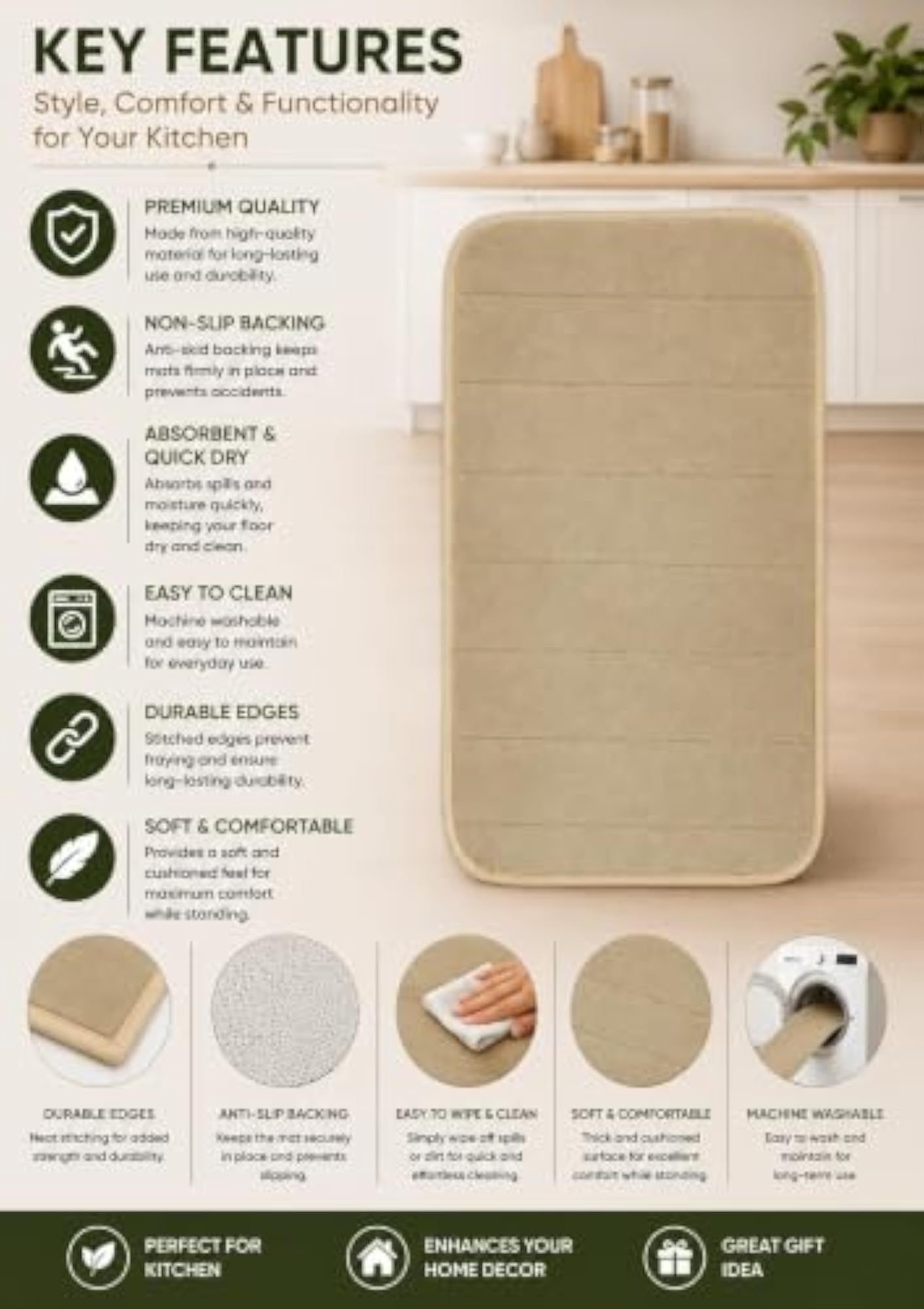 Plain Beige Kitchen Floor Mat, Soft Rectangular Kitchen Mat