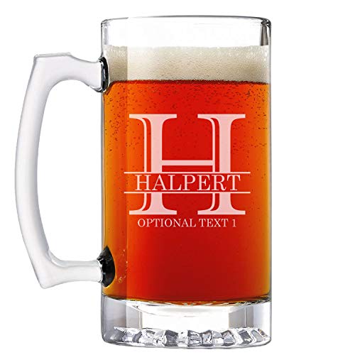 Personalized Fathers Day Etched 25oz Glass Beer Mug for Men - Customized Dad Beer Gifts for Him, Birthday Gifts for Men, Custom Father Beer Stein, Regalos Personalizados para Hombre, Halpert Monogram