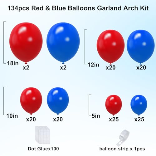 Image of YMSZ Red and Blue Balloon Garland Arch Kit, 134pcs Royal Blue and Red Latex Balloons for Birthday, Graduation, Independence Day Decorations