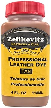 Zelikovitz Zeli-Pro Water-Based Leather Pigment Dye 4 oz & 32 oz Bottles 13 Vibrant Colors Made in Canada Tan, 4 oz