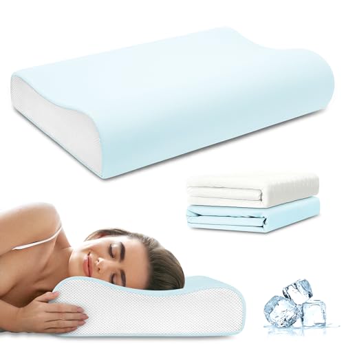 urnexttour Contour Memory Foam Pillows for Sleeping, Cervical Pillow Standard Size for Neck Pain Relief, Bed Pillow with Two Pillowcase Neck Support for Side Back Stomach Sleepers Standard White&Blue