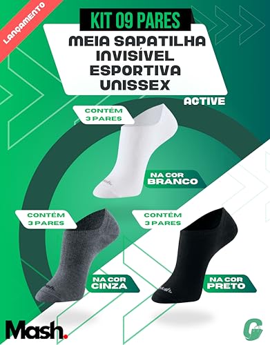 MASH Kit 9 Pares Meia Sapatilha Invisível Esportiva Academia Discreta Hipoalergênica Confortável Ati