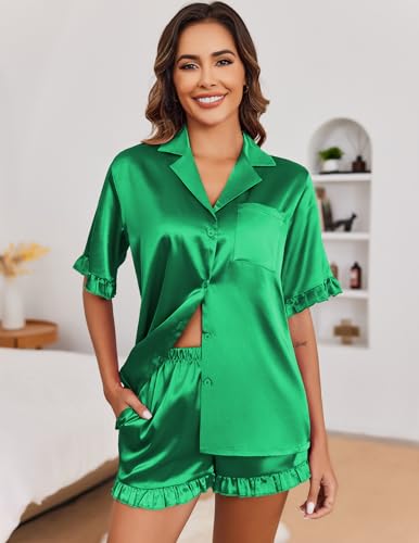 Image of Ekouaer Satin Pajama Set for Women Button Down Silk 2 Piece Pj Sets Ruffle Short Sleeve Sleepwear
