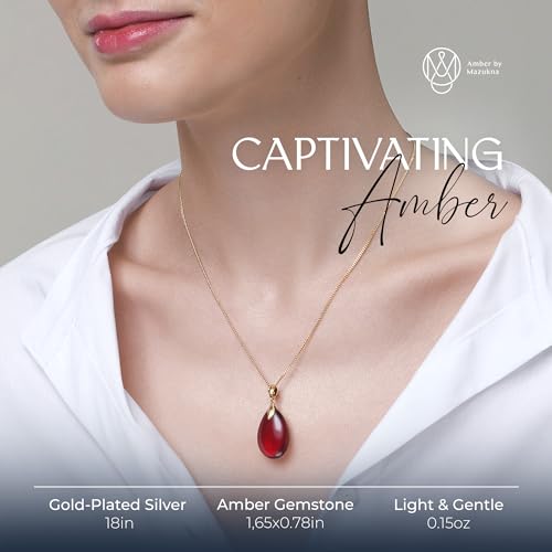 Red Amber Pendant Necklace for Women, Gold Plated Sterling Silver 925 Chain, Polished Gemstone Pendant, Dainty Womens Jewelry, 18 inch gold plated chain2