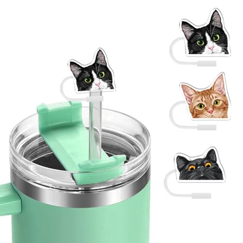 WIRESTER 3pcs Set Drinking Straw Toppers, 10mm Reusable Straw Cover Cap, Cute Accessories Compatible with Stanley Cup 30oz 40oz Tumbler - Bombay Kitten Cat, Orange Tabby Kitten Cat, Tuxedo Cat