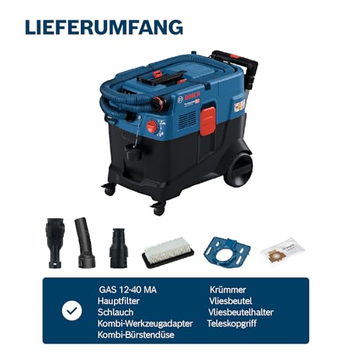 Bosch Professional Allessauger Gas 12-40 MA (1200 W, automatische Filterreinigung (AFC), inkl. Hauptfilter, Schlauch, Kombi-Werkzeugadapter, Kombi-Bürstendüse)