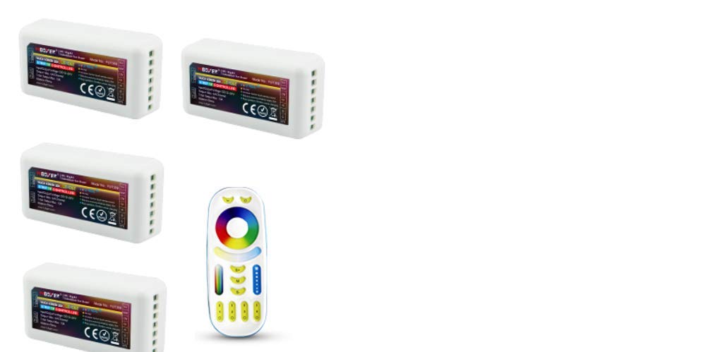 Zestaw 4 x Fut039 Strip Controller RGB+CCT + 1 x Fut092 RGB + CCT pilot zdalnego sterowania bezprzewodowy, 4 strefy dotykowe RF 2,4 GHz Original Mi-Light MILIGHT© Miboxer© 3 V (2 baterie nie są objęte zakresem dostawy)