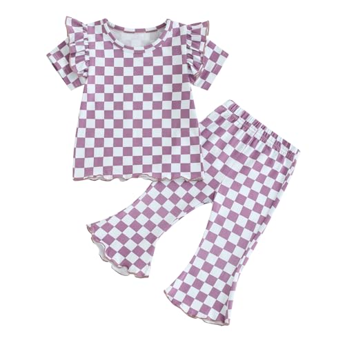 Fernvia Toddler Baby Girl Summer Clothes Set Ruffle Knit Ribbed Short Sleeves T-Shirts Tops Pants 2Pcs Outfits 0-5T (T-style2, 3-4 Years)
