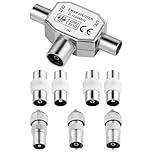 AXFEE Digital Signal Antenna Splitter, 2 Way 1 Female to 2 Male TV Aerial Coax Splitter With 7PCS TV Aerial Adapter Connector, Compatible with Cable TV Antenna, Shielded Metal Housing