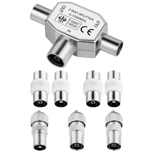 AXFEE Répartition Antenne T-Couplage, Répartiteur Coaxial D'antenne 1 Entrée Femelle et 2 Sorties Mâles avec T/F Type Connecteur Prise À RF Coax Adaptateur D'antenne