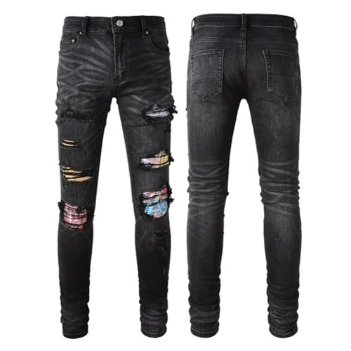 Jeans Pants Trouser Denim Men Perforated Elastic Stretch Slim Fit Street Trendy Worn Hole Black Personalized Printed Graffiti Casual Small Leg(Black,33)4
