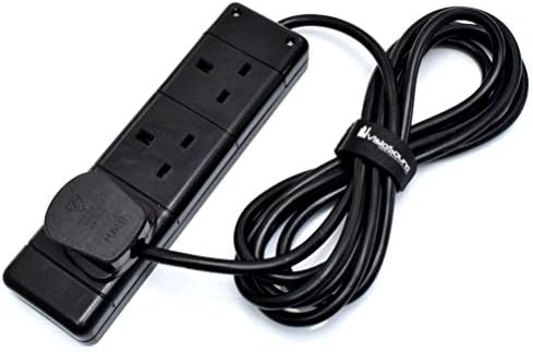 3-Way Extension Lead - Three Gang Multi Plug Socket - Black/White Power Cable 1m Black
