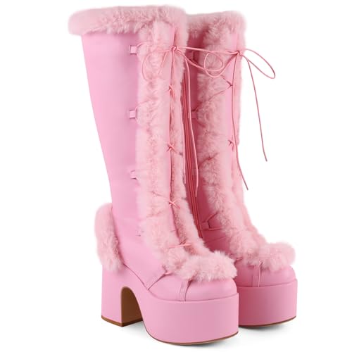 FancyQueen Platform Knee High Boots Women, Lace Up Goth Platform Faux Fur Boots Gothic Chunky Heel Winter Fuzzy Booties with Zipper