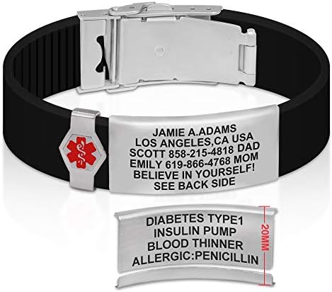Divoti Sport ID Medical Alert Bracelet – Personalized Medical ID Bracelet – Trim-to-Fit Adjustable True Black Silicone Band w/Security Clasp & Dual-Side Engraving - Pro - Red