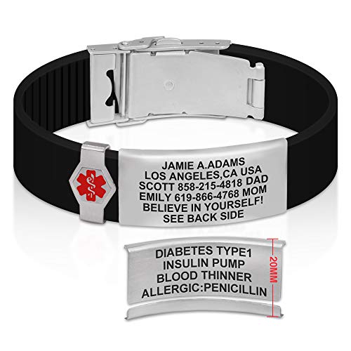 Divoti Sport Id Medical Alert Bracelet – Personalized Medical Id Bracelet – Trim-To-Fit Adjustable True Black Silicone Band W/Security Clasp & Dual-Side Engraving - Pro - Red #TOP25