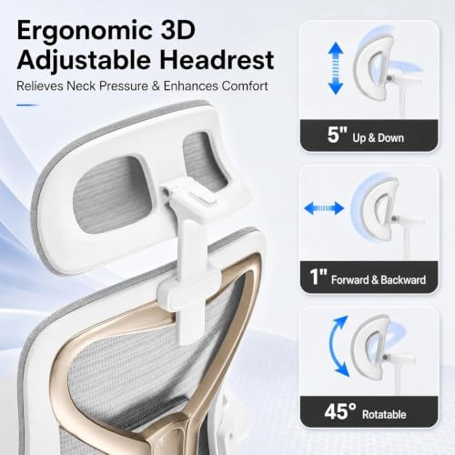 Image of Ergonomic Office Chair for Long Hours and Back Pain Relief, Space-Saving Design with Adjustable Lumbar Support, Flip-Up Arms, 3D Headrest, Tilt & Rock, 330 LBS, Gray /Gold