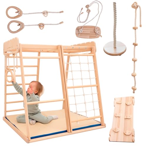 Image of Wood And Hearts Scandinavian Indoor Jungle Gym, Climber for Kids 1-4, Indoor Playground: Rope Wall Net - Monkey Bars - Gymnastic Rings - Kids Swing - Soft Play Equipment Mat - Climbing Ramp