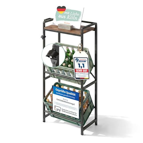 Blumtal Getränkekistenregal 2 Kisten mit Ablage Holzoptik - Kistenregal Metall/Getränkeregal + integriertem Flaschenöffner & Haken - Regal Getränkenkisten Belastbarkeit bis 50 kg pro Ebene Schwarz