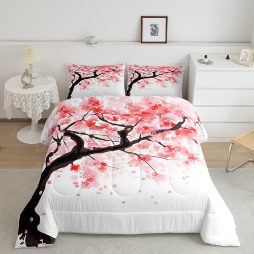 Erosebridal Japanese Style Bedding Comforter Set Queen Size,Cherry Blossoms Flower Down Comforter, Pink Floral Home Bedroom Decorative 3 Piece Bedding Set with 2 Pillow Shams, Soft Comfortab