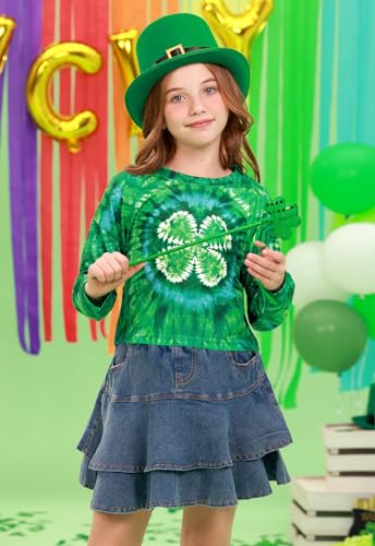 Image of Big Girl's St.Patrick's Lucky Irish Long Sleeve Crop Tops Shamrock Soft Funny Shirt Tie Dye 12 Years