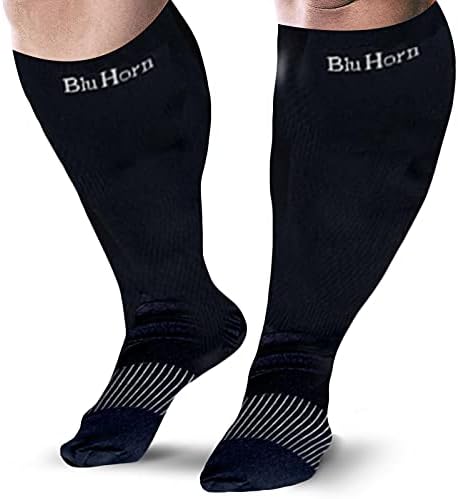 BLU HORN Knee High Compression Socks 15-20 mmHg - Everyday Use Improves Blood Circulation, Relieves Pain & Swelling (2X-Large, Black (1-Pair))