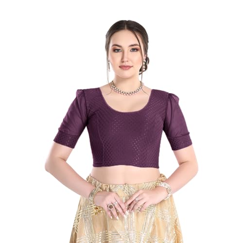 Image of FINESTFIT Stay On Trend Fashion 100% Cotton Readymade Blouses for Women,Round Neckline with Organza Balloon Sleeves.