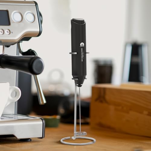 Image of Milk Frother with Stand (Battery Included), Handheld Battery Operated Electric Foam Maker with Stainless Steel Whisk for Coffee, Latte, Cappuccino, Hot Chocolate