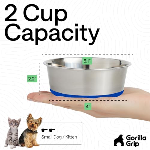 Image of GORILLA GRIP Dog Bowls, Food Grade 304 Stainless Steel, Holds 2 Cups Each (16 fl oz) Food and Water Bowl for Feeding Dogs and Cats, Dishwasher Safe, Rust Resistant, BPA Free Rubber Base Set of 2 Blue