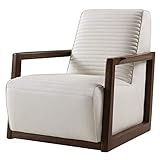 Benjara Horizontally Stitched Leather Accent Chair with Wooden Arms, White and Brown