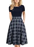 Work Dresses for Womens Elegant Vintage Business Floral Print Casual Party A-Line Swing Church Dress with Pockets 978 (XL, Navy Plaid)
