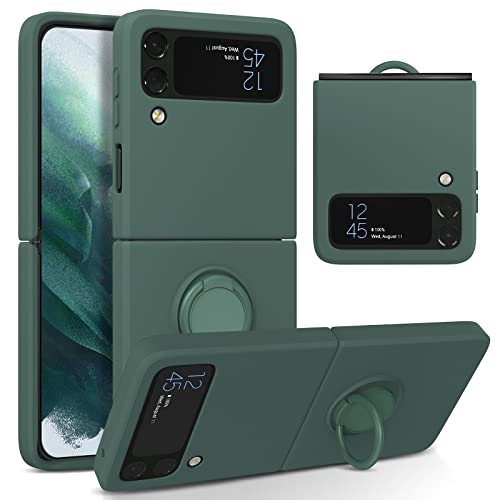UEEBAI Silicone Case with Ring for Samsung Galaxy Z Flip 3 5G Lightweight Foldable Slim Case Shock Absorption Slim Cover with Ring 360 Degree Rotation Stand Protective Cove - Army Green