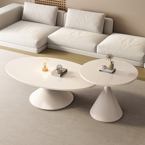 Nesting Coffee Table Set of 2 - Oval Rock Board Top with Hourglass Steel Base, Modern Small Center Tables for Living Room, Bedroom & Office, White & Black, 120cm + 50cm