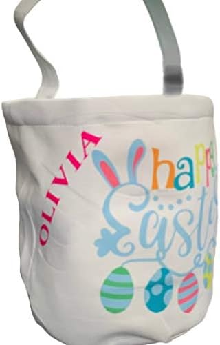 Personalized Easter Baskets for Kids Empty - Bucket for Egg Hunting - Custom Name - Canvas Pail with Handles