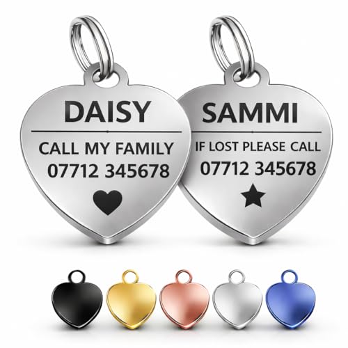 2-Pack Personalised Dog & Cat ID Tags – Heart-Shaped Stainless Steel Pet Name Tags – Same Engraving & Colour – Custom Laser Engraved with Phone Number (Heart Small Silver)