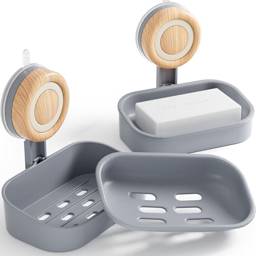 Cinola Double Layer Soap Dish for Shower 2 Pack, Wall Mounted Bar Soap Holder Suction Cup 2 Layer Self Draining Soap Case Sponge Holder for Shower Bathroom, Tub and Kitchen Sink, Grey