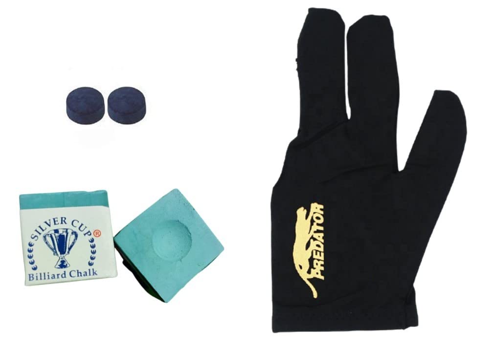 JBB Billiard Snooker and Pool Combo of Silver Cup Chalk -2pcs with 1- Predator Glove and 2- Tips