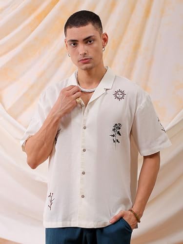 Image of The Indian Garage Co Men Relaxed Fit Placement Embroidered Half Sleeves Cuban Collar Resort Wear Shirt