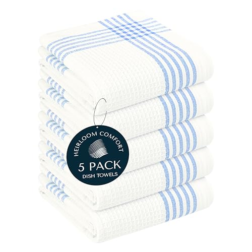 HEIRLOOM COMFORT Sky Blue and White Cotton Kitchen Towels 5 Pack, 16x26 Inch, Waffle Weave, Quick Dry, Absorbent, Durable Dish Towels for Drying, Cleaning, Cooking, Daily Kitchen Use