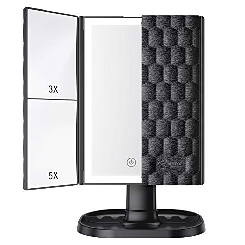 BESTOPE Upgrade Makeup Mirror with Lights?3X 5X Magnification?72 LED Vanity Trifold Mirror?3 Color Lighting Modes Lighted Makeup Mirror with Touch Screen,Portable High Definition Light Up Mirror Black