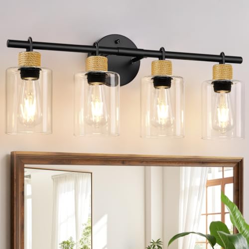 Image of MOKATNG Bathroom Light Fixtures, 4-Light Farmhouse Vanity Lights with Hemp Rope, Black Bathroom Wall Lamp for Mirror Kitchen Hallway Cabinet