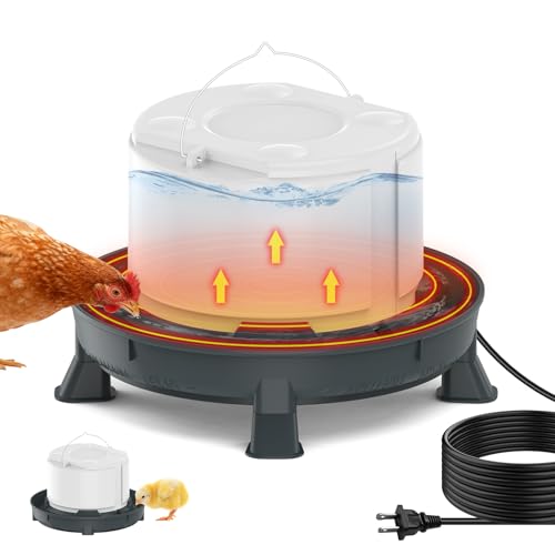 4.28L Heated Chicken Waterer for Winter, 84W Freeze-Proof Chicken Water Heater with Thermostat Control, Heated Poultry Waterer for Chicks Turkey Goose Duck Pigeon, Detachable Legs,Hanging/Standing Use