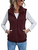 LOMON Women'S Polar Fleece Lined Sherpa Vest Cute Sleeveless Teddy Bear Zipper Pockets Vest Jacket Burgundy L