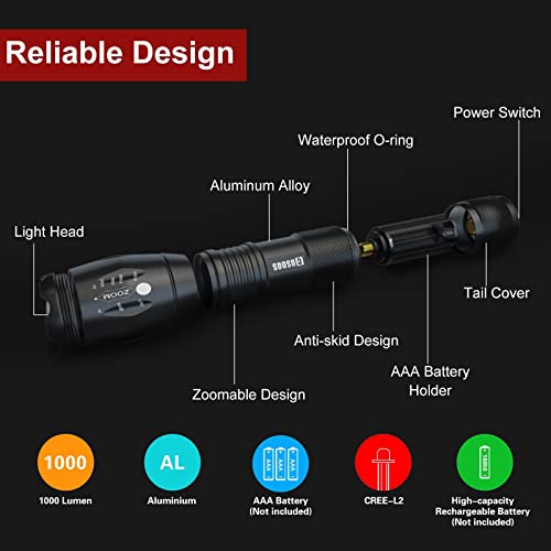 Cosoos 2 Tactical Flashlights With Holsters, Bright Led Flashlights 1000 Lumen, 5 Mode, Portable Zoomable Waterproof Flash Light For Emergency, Hiking, Outdoor Camping Gear Essential (No Aaa Battery) #TOP5