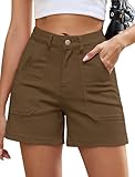Eddoyee Women Stretchy Shorts High Waisted Cotton Shorts Summer Casual Chino Shorts with Pockets Trendy(Brown, Large)