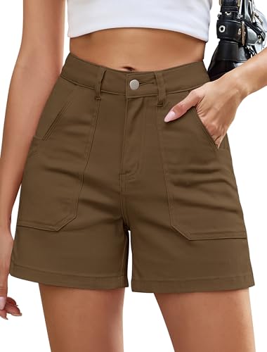 Eddoyee Women Stretchy Shorts High Waisted Cotton Shorts Summer Casual Chino Shorts with Pockets Trendy(Brown Large)