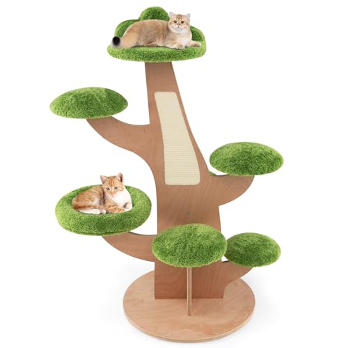 COSTWAY Albero Tiragraffi per Gatti da 128 CM, con Toppa in Peluche, Piattaforme di Salto e Tiragraffi, Centro di Attività Multifunzionale per Gattini, Verde